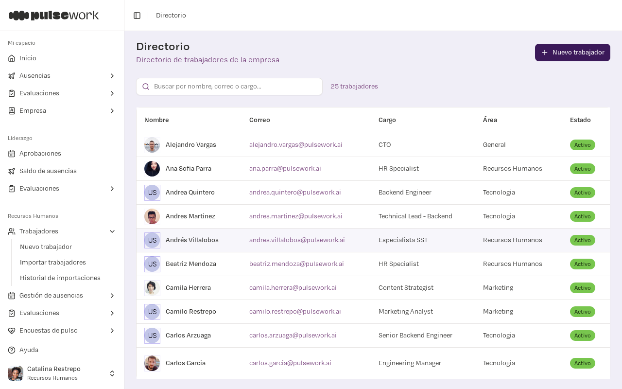 Directorio de empleados en PulseWork