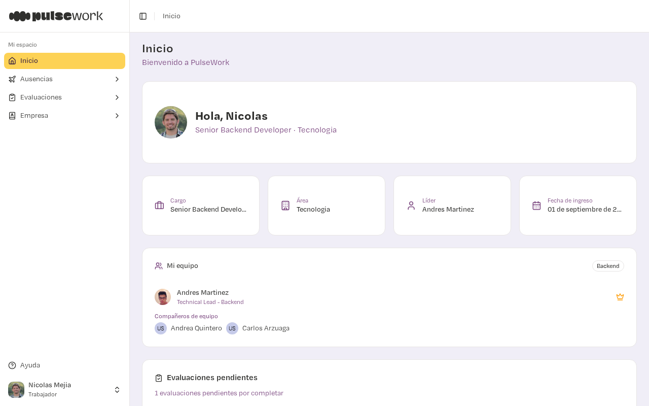 Dashboard de empleado en PulseWork (desktop)