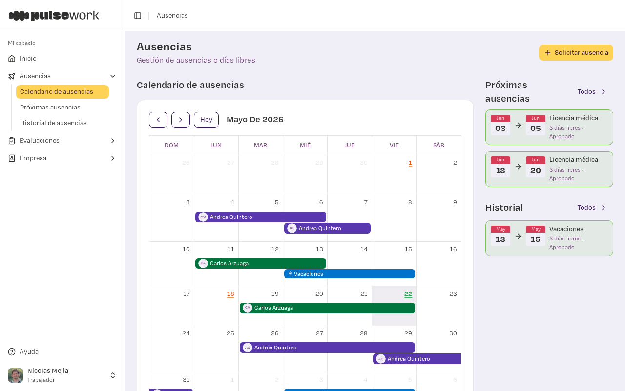 Calendario de ausencias en PulseWork (desktop)