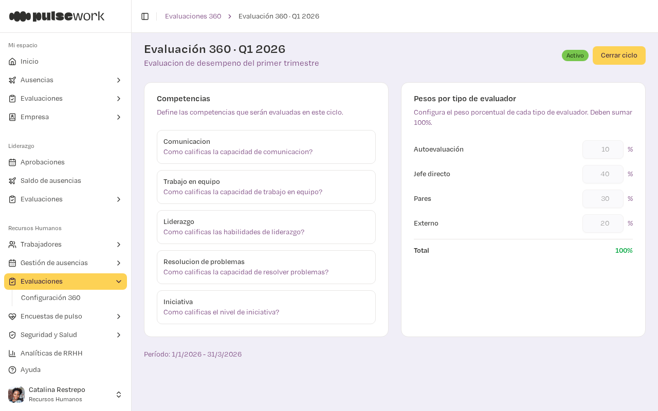 Ciclo de evaluación 360 con competencias y pesos por evaluador