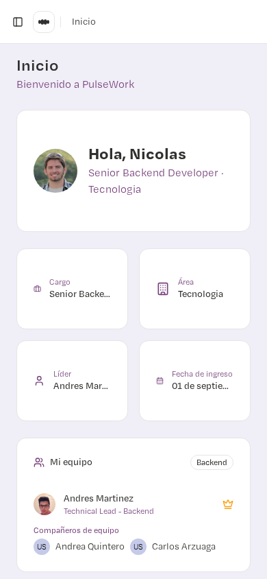 Dashboard de empleado en PulseWork (mobile)