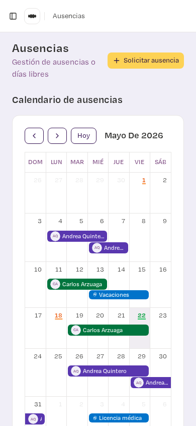 Calendario de ausencias en PulseWork (mobile)